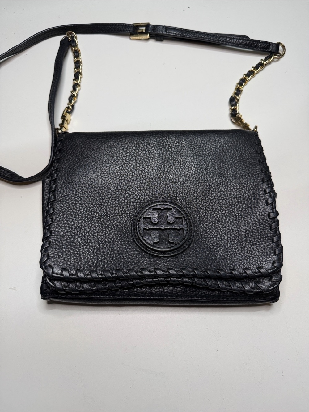 Tory Burch Black Pebbled Leather Crossbody with Gold Chain Strap
